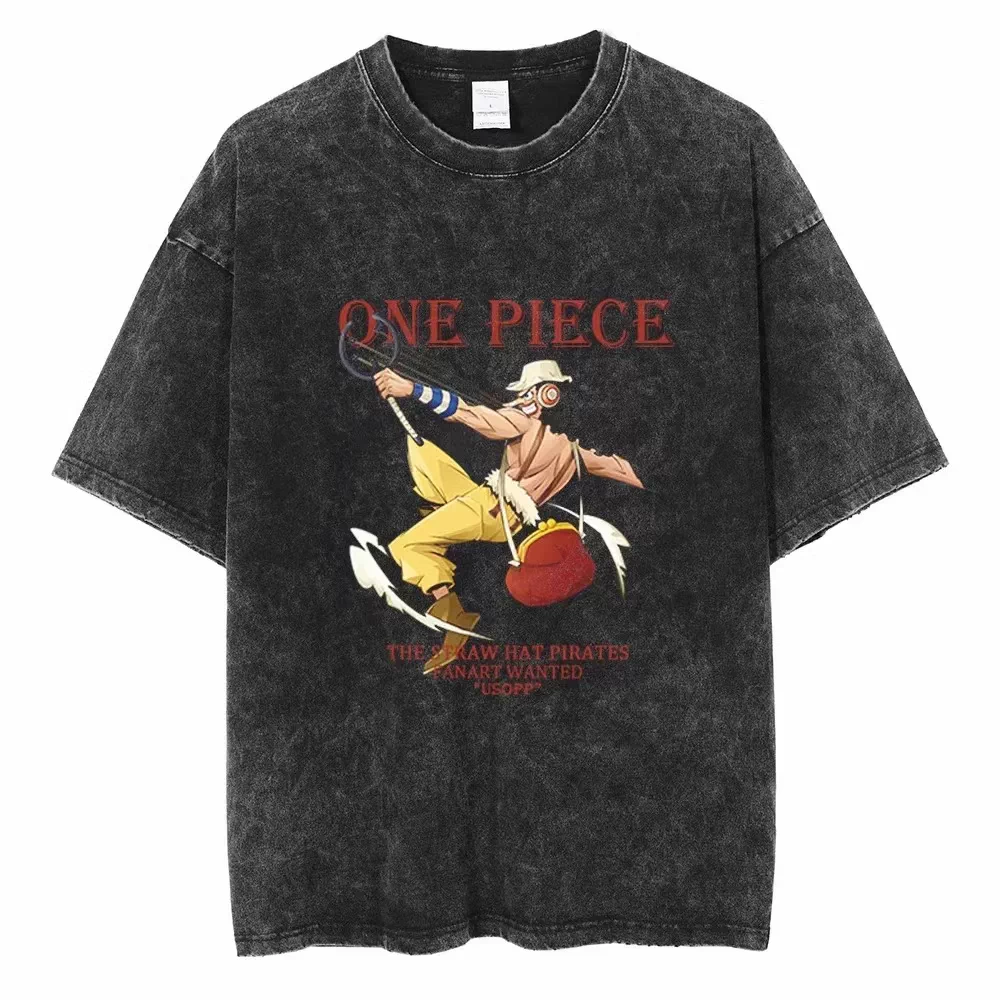 One Piece vintage washed black cotton T-shirt featuring Usopp Sniper Adventure graphic front print