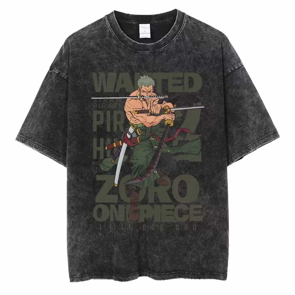 One Piece vintage washed black cotton T-shirt featuring Zoro Gold Roronoa Portrait graphic front print