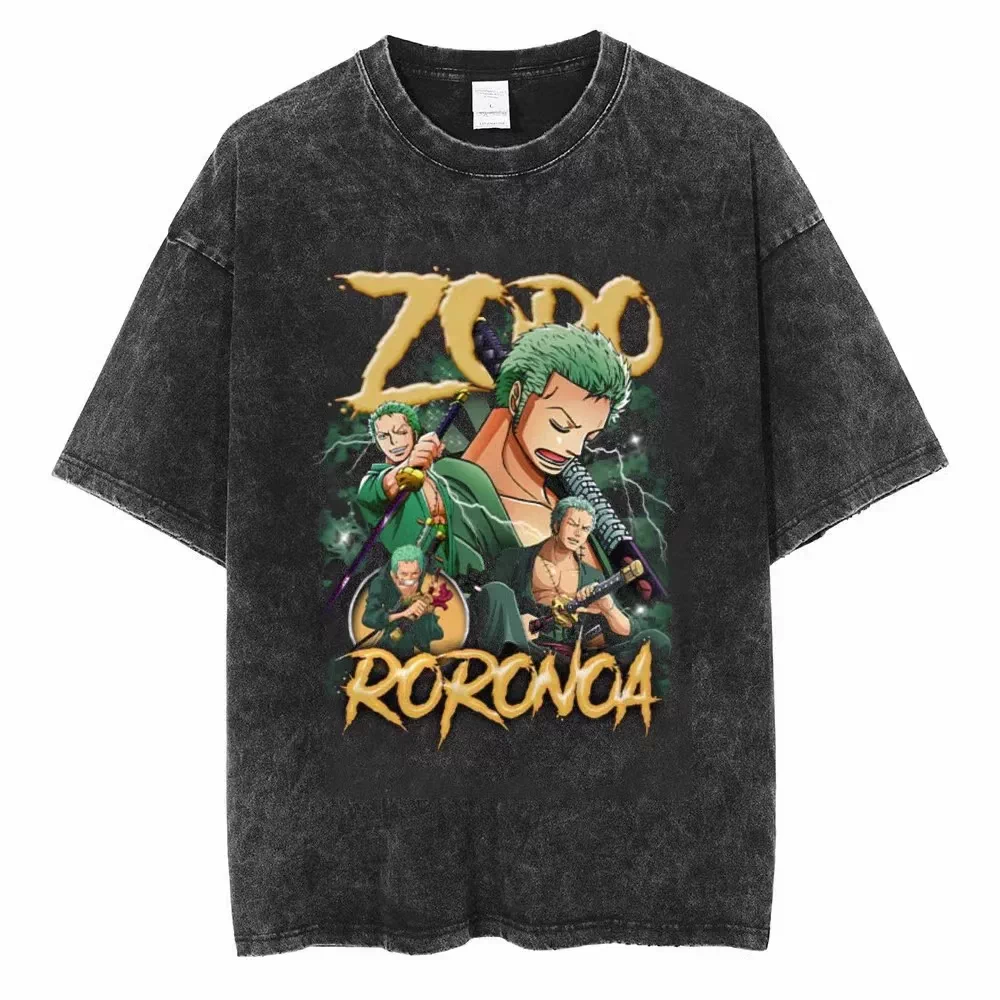 One Piece vintage washed black cotton T-shirt featuring Zoro Purple Shadow Swordsman graphic front print