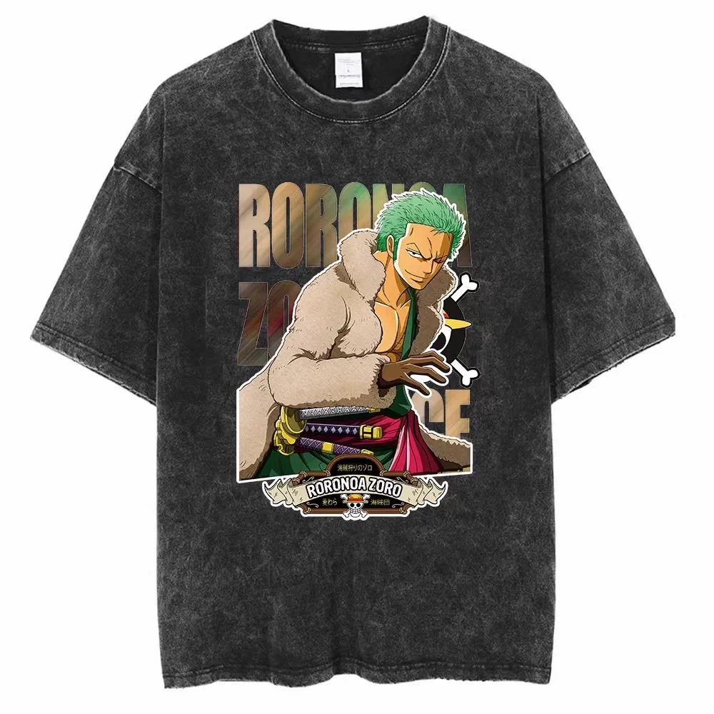 One Piece vintage washed black cotton T-shirt featuring Zoro Wanted Triple Sword graphic front print