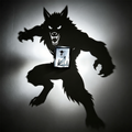 Werewolf moonlight shadow projection lamp casts oversized snarling beast silhouette with fangs and claws while showing a howling wolf illustration on its center panel
